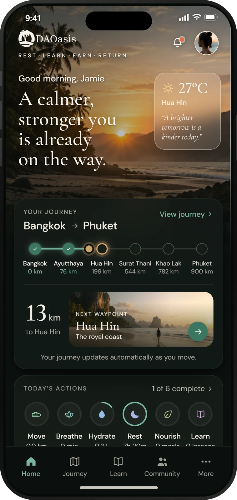 The DAOasis Companion App home screen: the day's journey, and six habits as tiles.