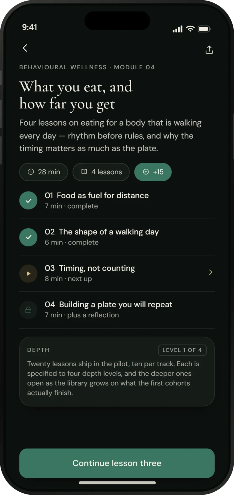 A Wellness Track module of four lessons, from the pilot’s twenty across the Wellness and Web3 Tracks