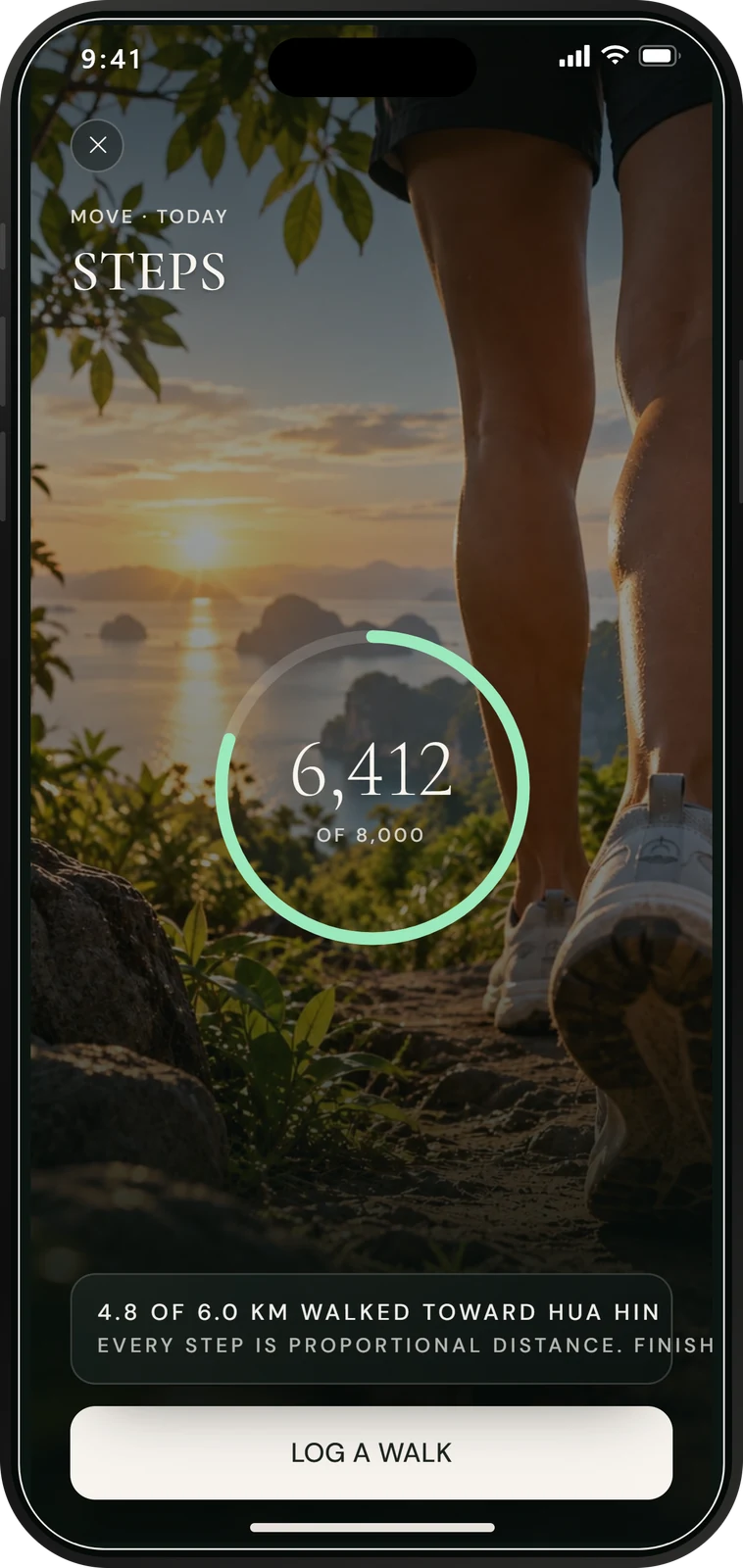 DAOasis Move screen: 6,412 of 8,000 steps toward Hua Hin